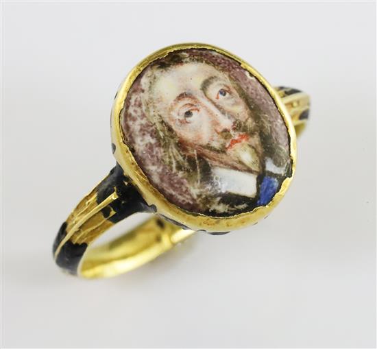 A rare mid 17th century enamelled gold oval memorial ring for Charles I (1600-1649), finger size K.